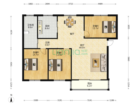 张东小区九巷 3室1厅1卫 136平方
