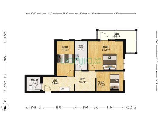 前门东大街7号 3室1厅1卫 80平方