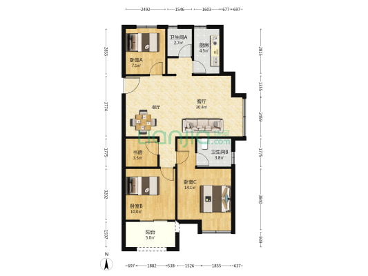 国贸学原二期 4室1厅2卫 106平方