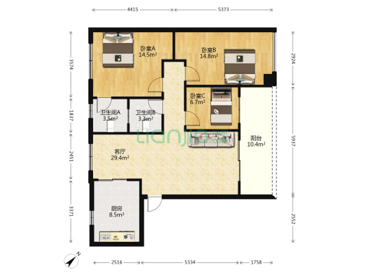 奥园城市天地 3室1厅2卫 107平方