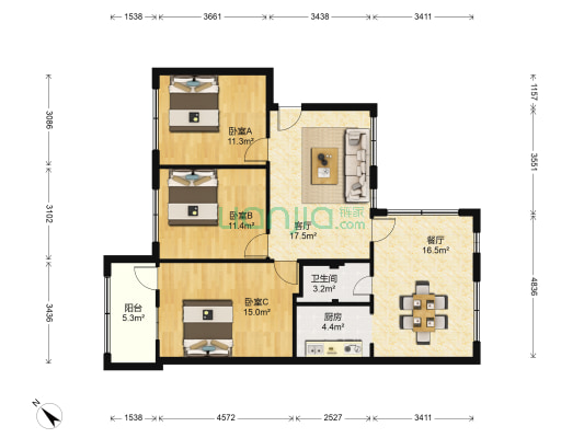 食研馨院 3室2厅1卫 100平方