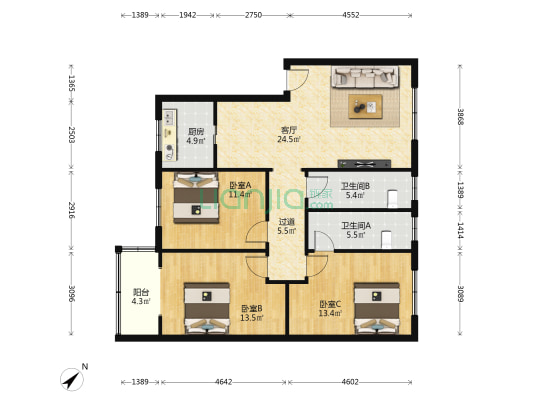 滨江市场 3室1厅2卫 107平方