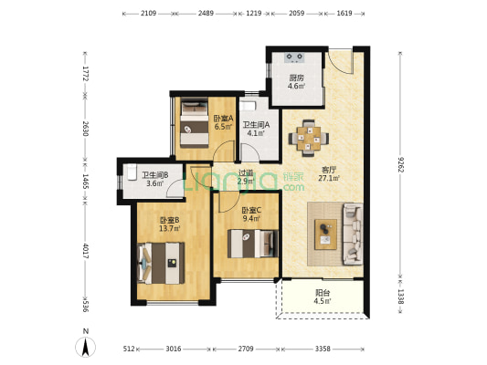 龙光玖云熙园 3室1厅2卫 92平方