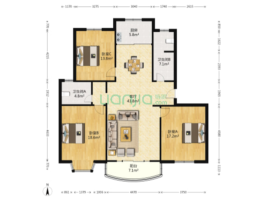 龙庭锦绣花园 3室1厅2卫 137平方