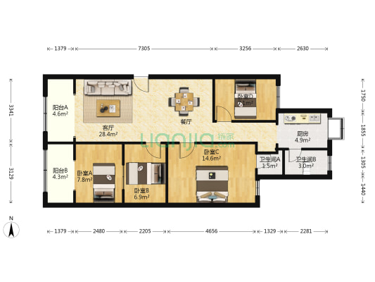 中山北路198号 4室1厅2卫 103平方