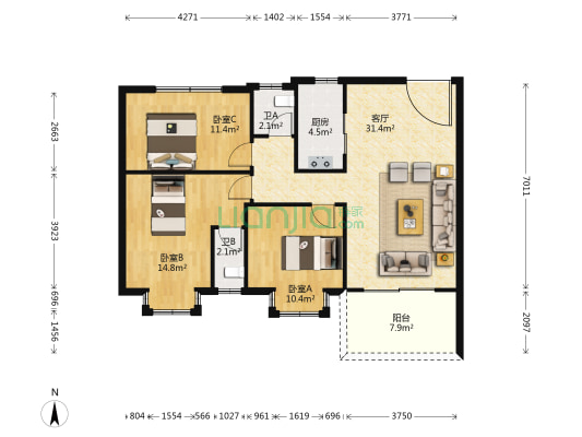 建设北路3号 3室1厅2卫 92平方