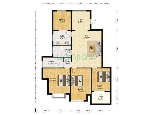 龙旺伯乐佳园 3室1厅3卫 133平方
