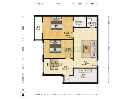 交运广场 2室2厅2卫 108平方