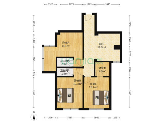 同成富苑 3室1厅2卫 90平方