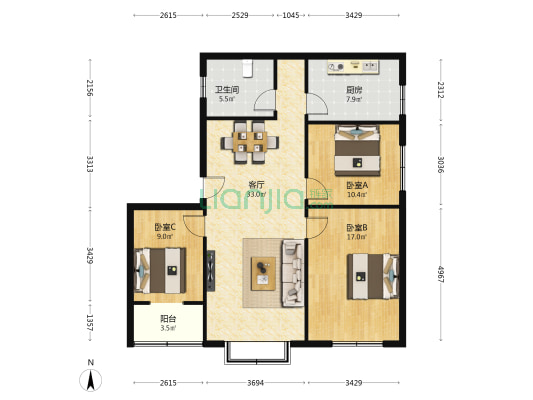 新雅中街9号 3室1厅1卫 105平方