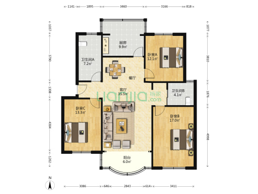 爱迪苑 3室1厅2卫 126平方