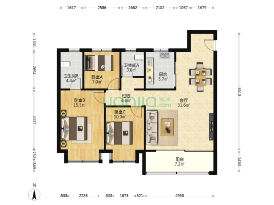 万科燕语光年 3室1厅2卫 118平方