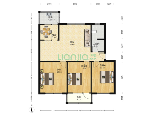 劳培家苑 3室2厅1卫 120平方