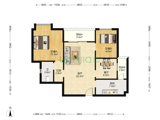 华盛旭景花园 2室2厅1卫 96平方