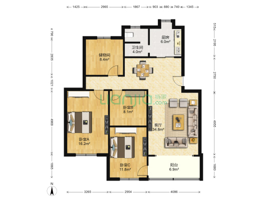 湖坊镇政府宿舍 3室1厅1卫 116平方