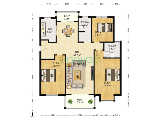 龙成锦绣花园 3室1厅2卫 142平方