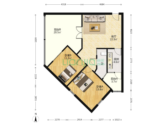 灯饰公司宿舍 2室1厅1卫 83平方