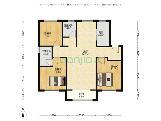 远洋未来城明煦苑 3室1厅2卫 113平方
