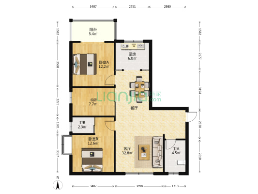 中天大厦 3室1厅2卫 104平方