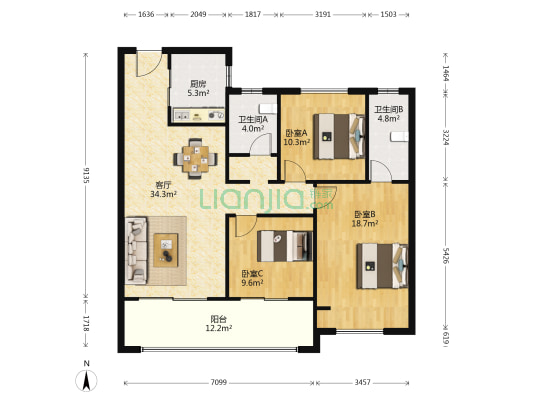 云赋花园 3室1厅2卫 117平方