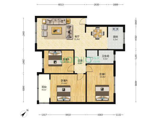 银杏公寓(都江堰) 3室1厅1卫 110平方