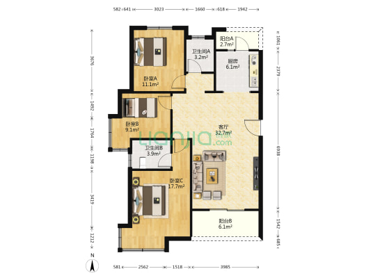 绿地高铁东城 3室1厅2卫 117平方