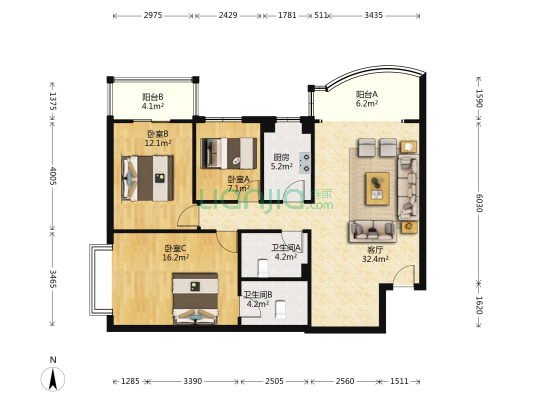 北丽苑 3室1厅2卫 113平方