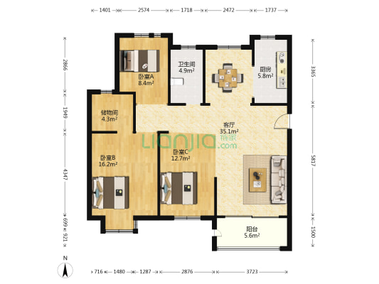 称心阁花园北区 3室1厅1卫 135平方