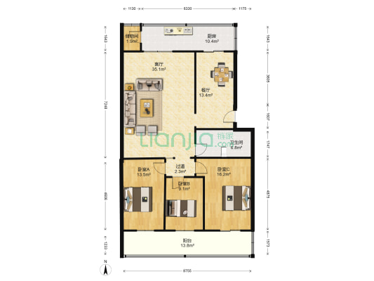 中国移动宿舍 3室2厅1卫 132平方
