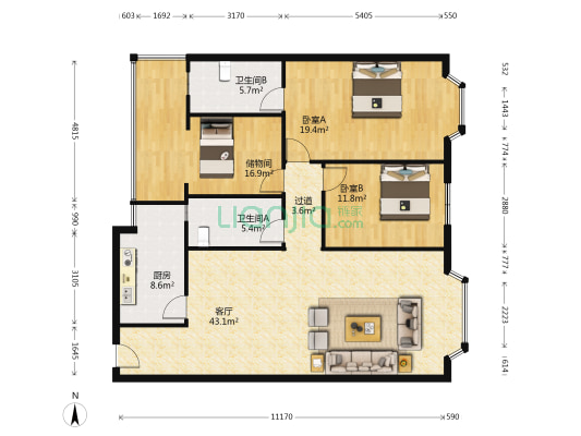 锦西花园一期 2室1厅2卫 129平方