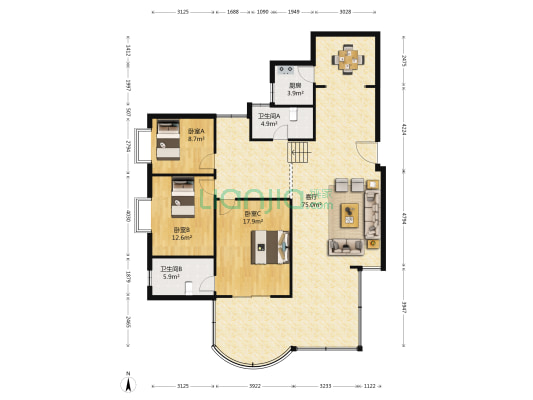 德外花园 3室1厅2卫 143平方
