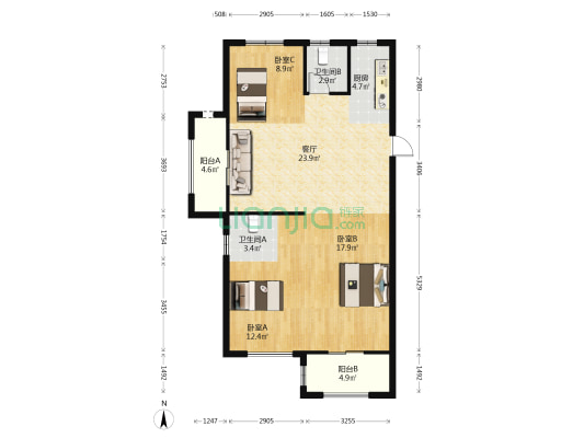 远洋山水 3室1厅2卫 105平方
