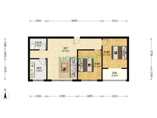 阳光新城 2室1厅1卫 79平方