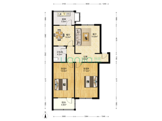 中行河北省分行 2室2厅1卫 98平方