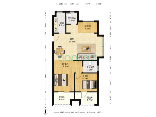 漫悦湾二期 2室1厅2卫 98平方