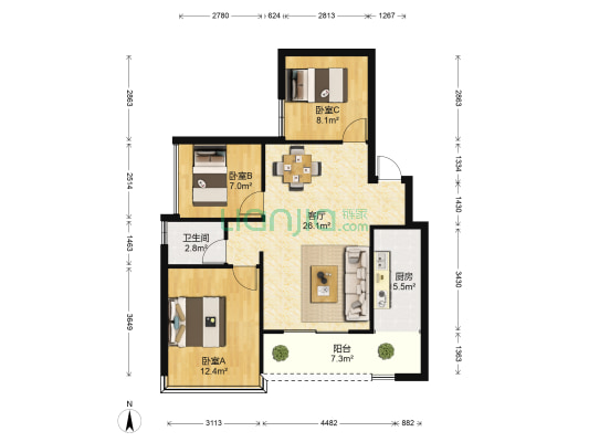 亿鼎安吉商业广场 3室1厅1卫 85平方