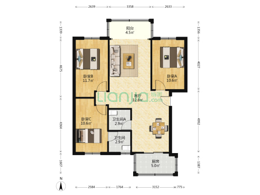 工商宿舍楼 3室1厅2卫 98平方