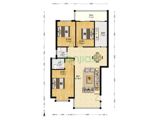 九龙佳苑 3室1厅2卫 119平方