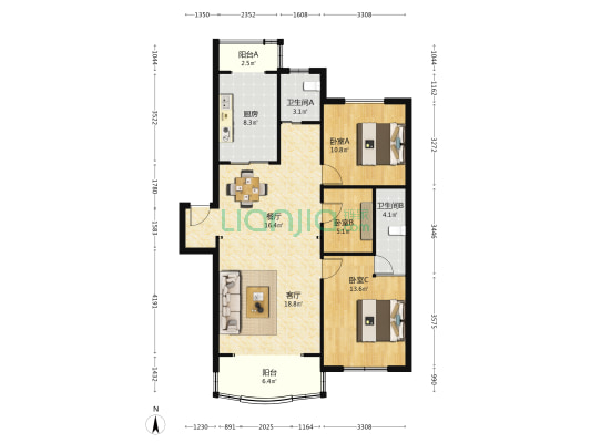 洪山花苑 3室2厅2卫 104平方