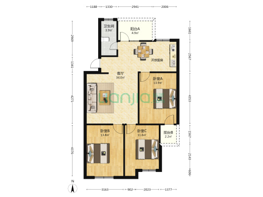 萃华园 3室1厅1卫 113平方