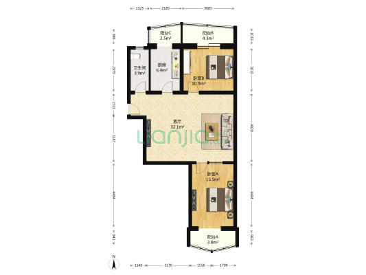 大三尖 2室1厅1卫 98平方