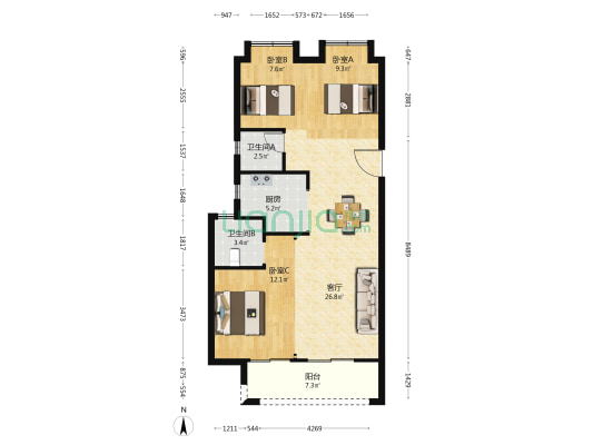 经发金地·四季都会 3室1厅2卫 98平方