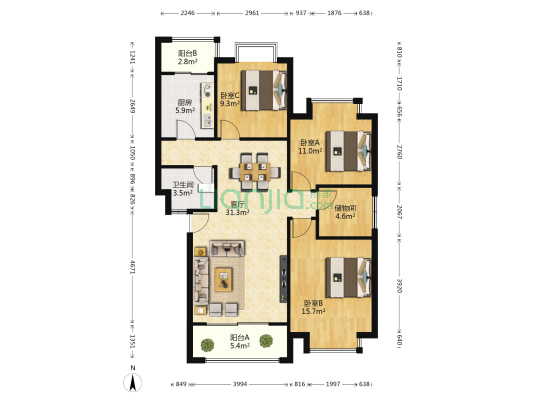 五厂宿舍 3室1厅1卫 120平方