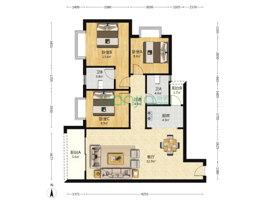 中环国际C组团 3室1厅2卫 111平方