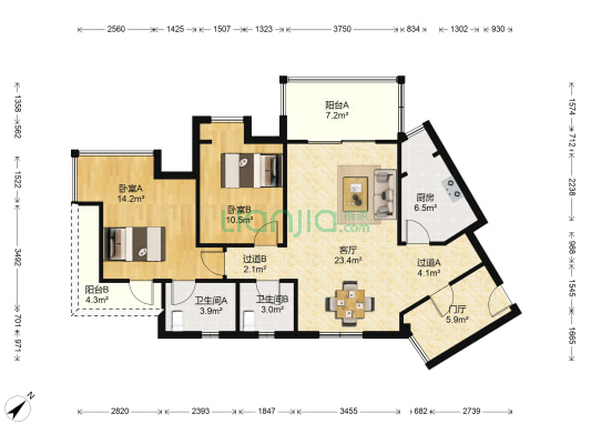 书香府邸 2室1厅2卫 92平方