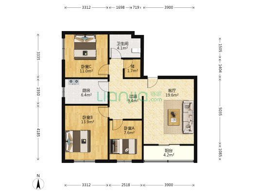 含光苑 3室1厅1卫 117平方