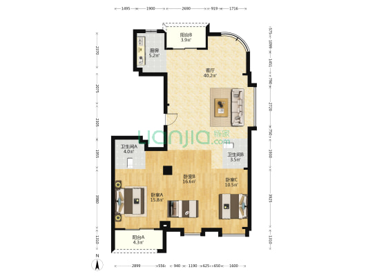 天河嘉园 3室1厅2卫 132平方