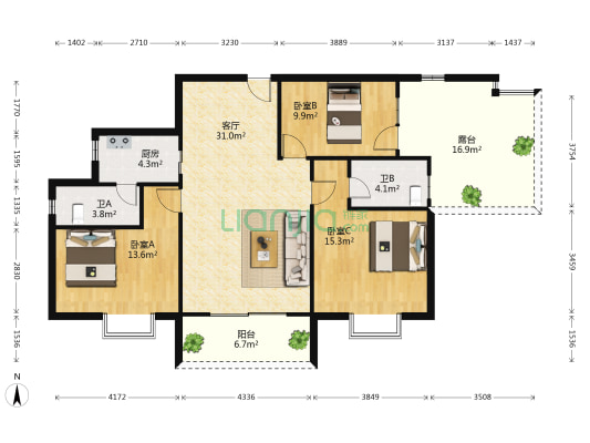 荟丽家园一期 3室1厅2卫 113平方