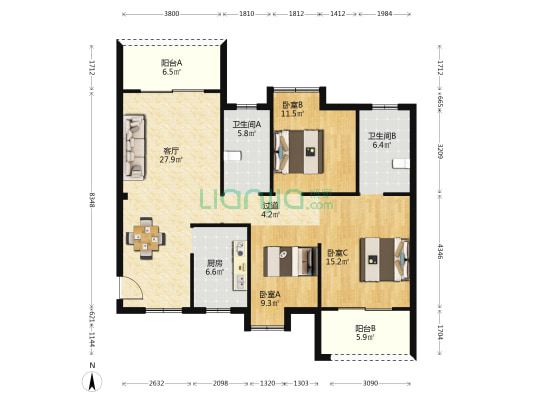 国瑞新港广场 3室1厅2卫 120平方