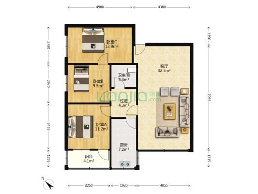 烟厂宿舍 3室1厅1卫 101平方